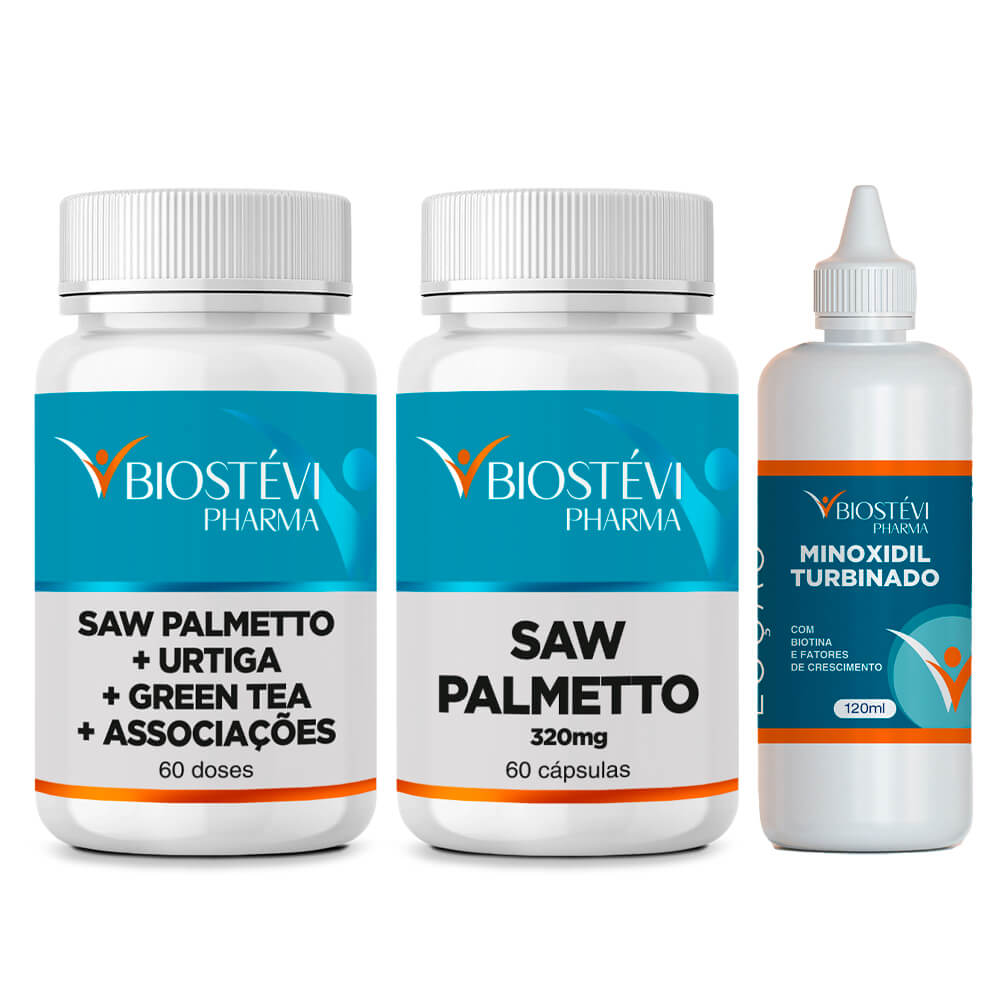 2395 - Kit Contra Queda de Cabelo - Redutor Natural de DHT + Saw Palmetto + Minoxidil Turbinado