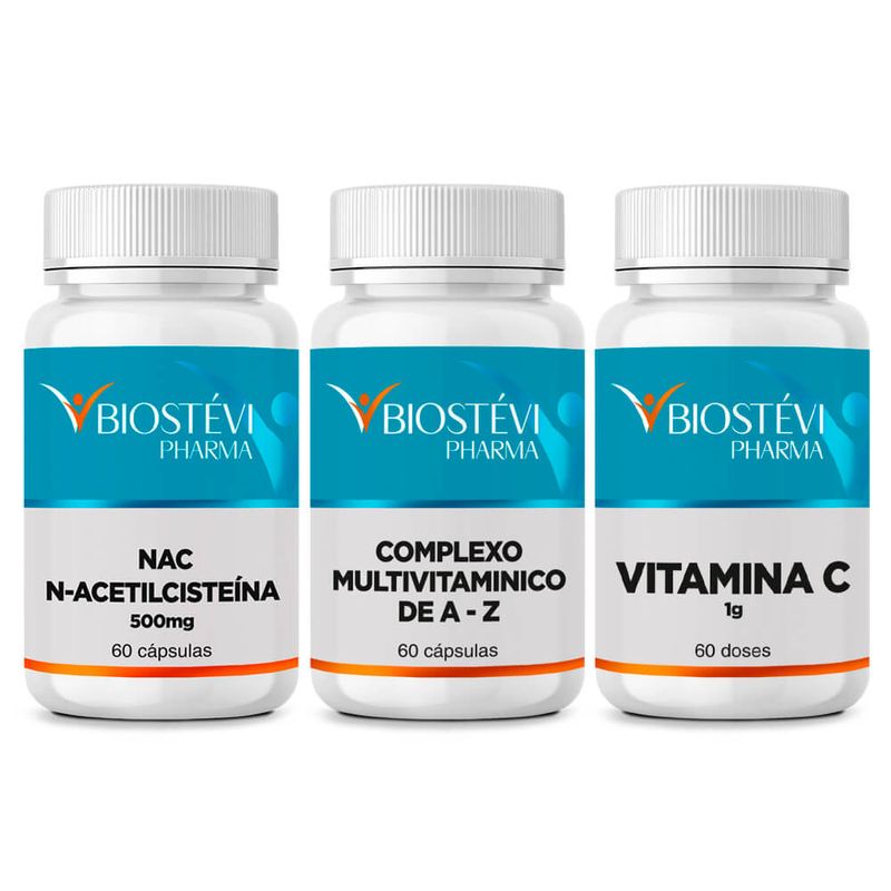 2392 - Kit N Acetil Cisteina - NAC 60 Cápsulas + Complexo Multivitaminico 60 Cápsulas + Vitamina C 60 Doses