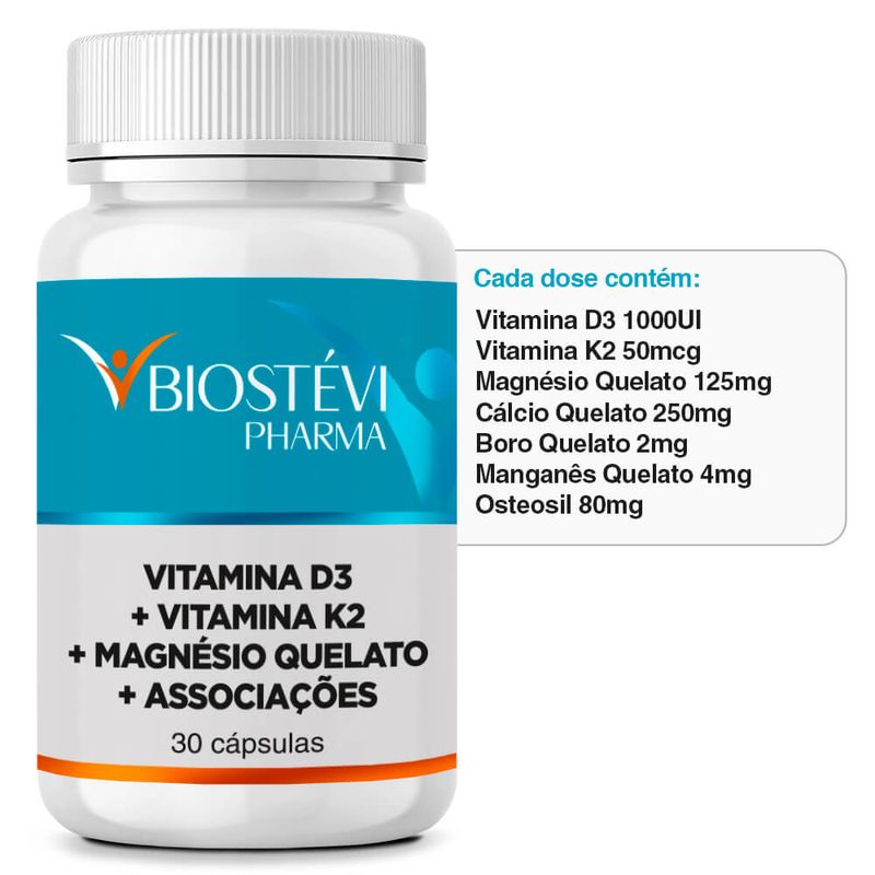 2284 - Composto para Osteoporose - Vitamina D3 + Vitamina K2 + Magnésio Quelato + Associações 30 Cápsulas - TABELA