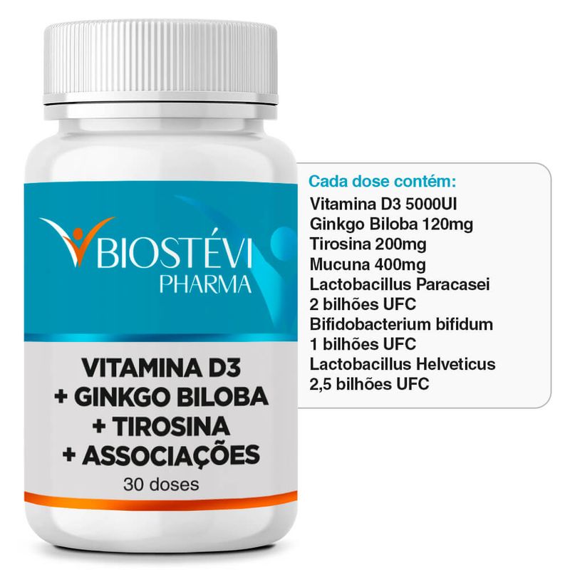 2220 - Composto para Auxiliar o Aumento da Dopamina - Vitamina D3 + Ginkgo Biloba + Tirosina + Associações 30 Doses - TABELA