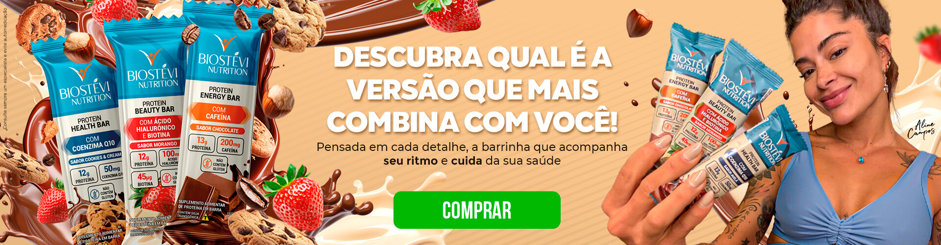 Aline Campos segurando as Barras de Proteína Premium